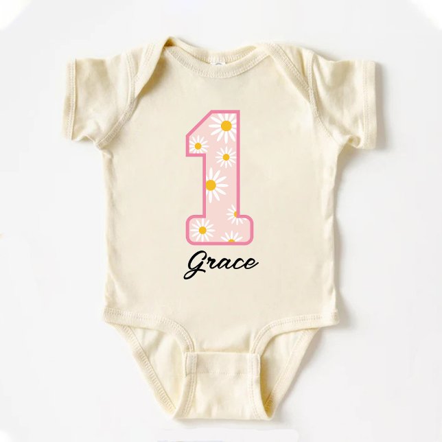 Body Para Bebê Primeiro aniversario Retro Boho da Daisy Flower (Daisy Flower Retro Boho 1st Birthday Baby Bodysuit)