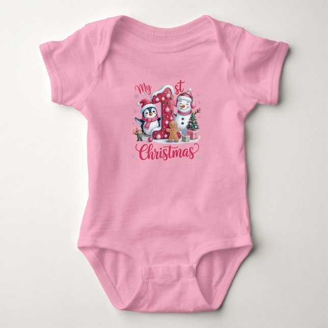 Body Para Bebê Primeiro Natal da Menina Rosa (Frente)