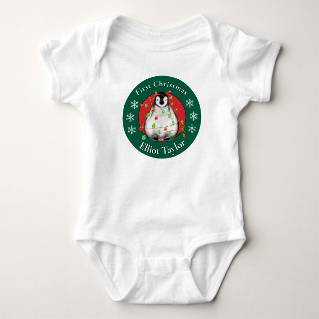 Body Para Bebê Primeiro Natal do bebê, pinguim fofo personalizado (Frente)