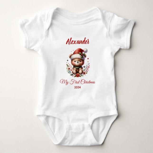Body Para Bebê Primeiro Natal do Bebê ursinho personalizado fofo (Frente)