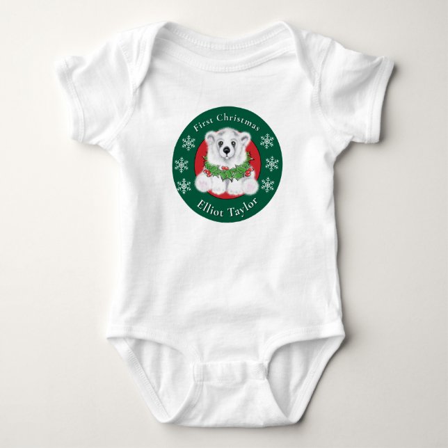 Body Para Bebê Primeiro Natal do bebê urso polar personalizado (Frente)