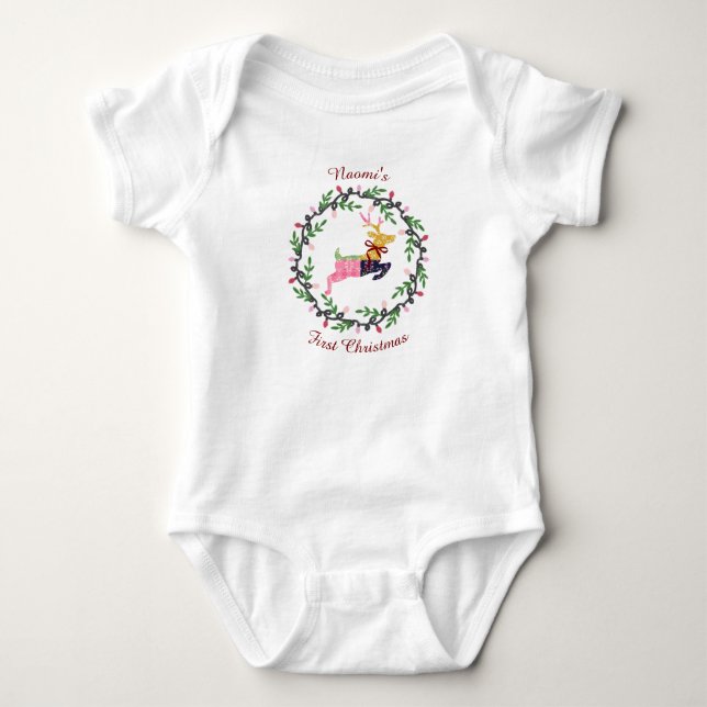 Body Para Bebê Primeiro Veado de Natal com Coroa Personalizada (Frente)