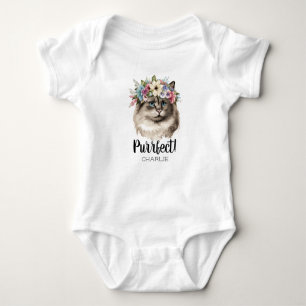 Body Para Bebê Purr-fect Watercolor Cat Funny Pun Monograma Nome