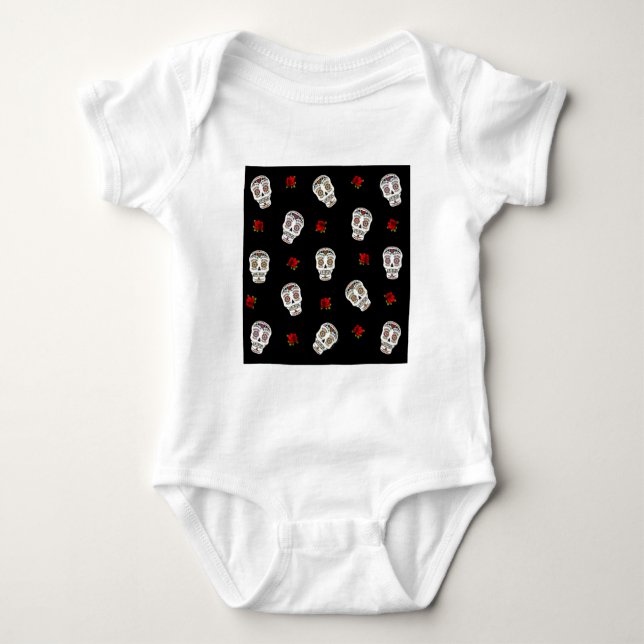 Body Para Bebê RAB Rockabilly Açúcares Caveiras Rosas Em Preto (Frente)