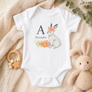 Body Para Bebê Rabbit with Pink Flowers Monogram