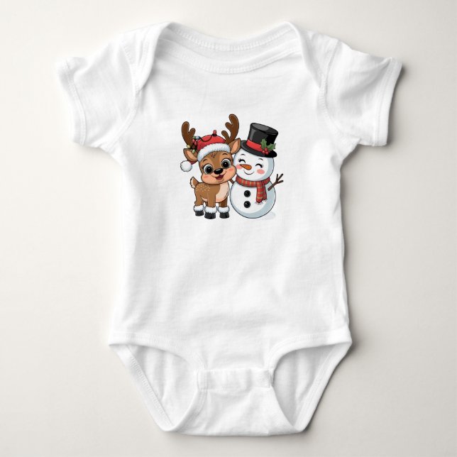 Body Para Bebê Rena de Natal Fofa & Boneco de Neve (Frente)