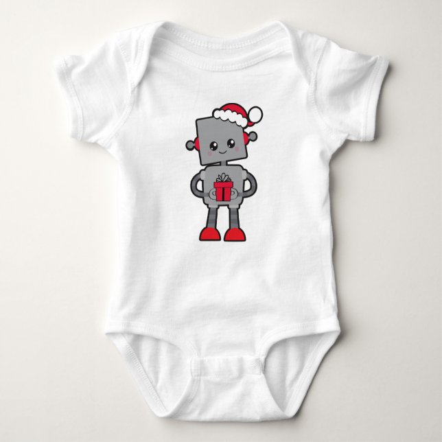 Body Para Bebê Robô de Natal, Robô Bonito, Chapéu Santa, presente (Frente)