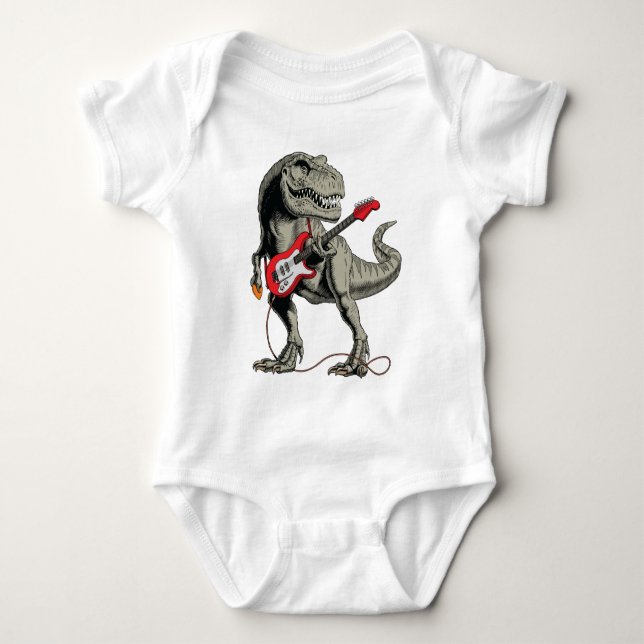Body Para Bebê Rockin' T-Rex: Dinossauro Tocando Guitarra Elétric (Frente)