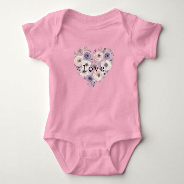Body Para Bebê Rosa Bege Roxo Branco Floral Coração (Frente)