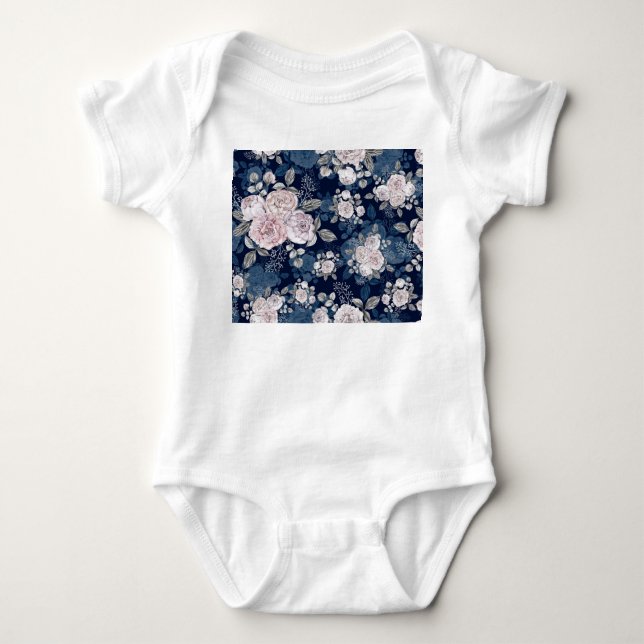 Body Para Bebê Rosas Rosa Azul Escuro: Vintage (Frente)