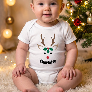 Body Para Bebê Rosto de Rena Fofo Natal Nome Personalizado
