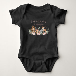 Body Para Bebê Roupa de 1º Aniversário Floral Bege com Animais da
