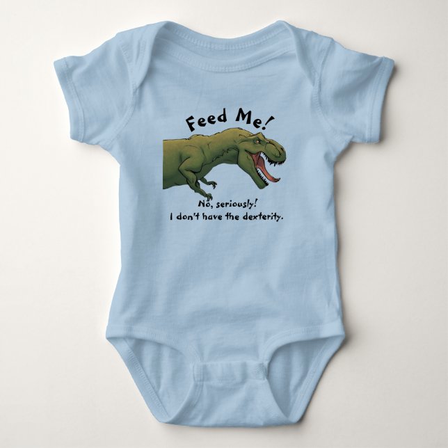 Body Para Bebê Roupa de Uma Peça T-Rex Dinossauro Me Alimente Beb (Frente)