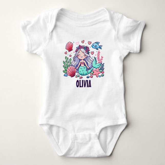Body Para Bebê Sereia de desenho animado fofo personalizado  (Frente)