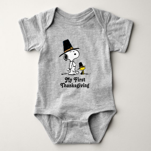 Body Para Bebê Snoopy & Woodstock Pilgrim | Ação de Graças Às Min (Frente)