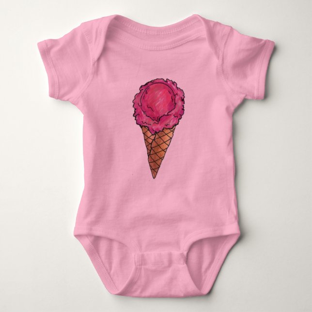 Body Para Bebê Sorvete de Morango Rosa Waffle Cone Foodie (Frente)