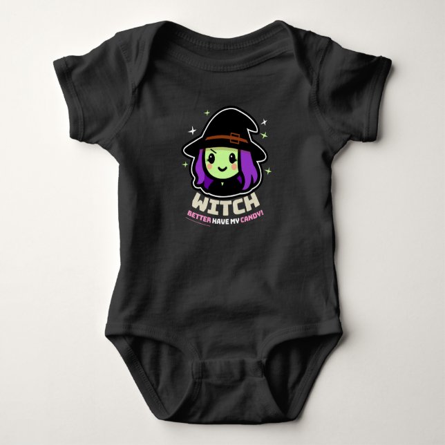 Body Para Bebê Spooky Kawaii Bruxa de Halloween Bebê de macacão (Frente)