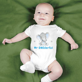 Body Para Bebê Sr Onederful Primeiro Aniversário Azul Menino Elef