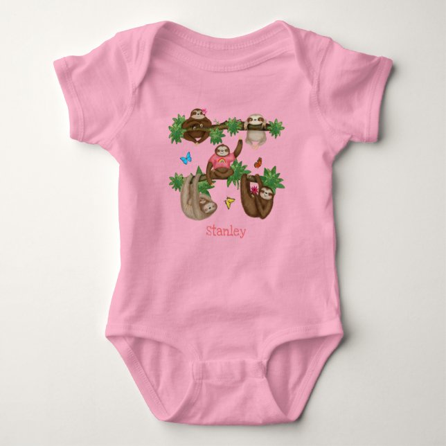 Body Para Bebê Stanley Sloth personalizou um macacão rosa para be (Frente)