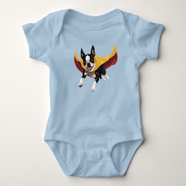 Body Para Bebê Super-herói Fofo do Boston Terrier  (Frente)