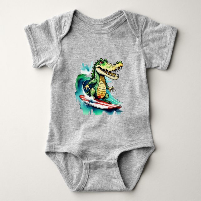 Body Para Bebê Surfe de crocodilo engraçado (Frente)