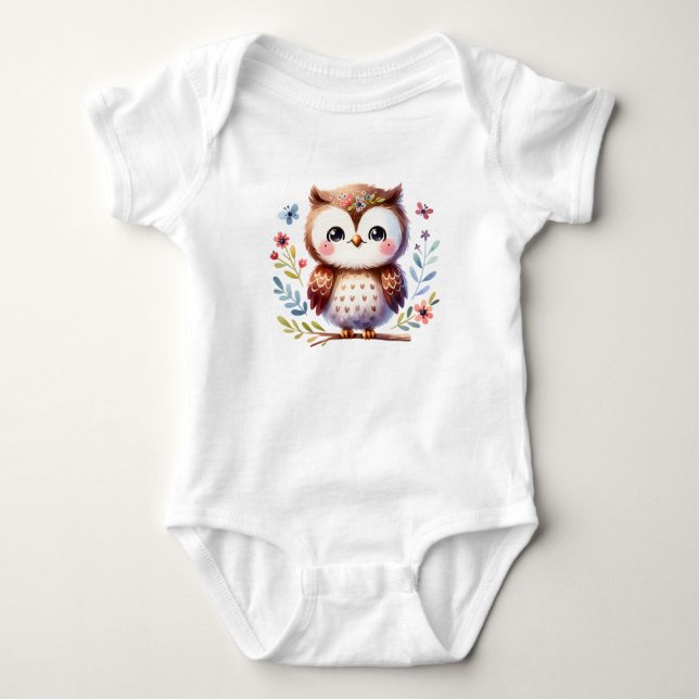 Body Para Bebê Sweet Baby Owl with Flowers | Cute Animal Art (Frente)