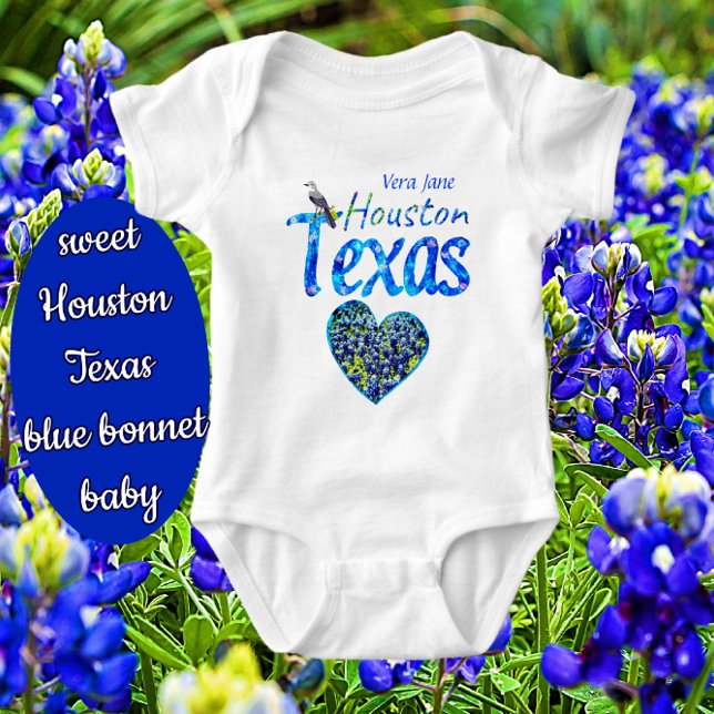 Body Para Bebê Sweet Houston TX Bluebonnet Heart e Mockingbird (Criador carregado)