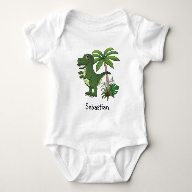 Body Para Bebê T-Rex Fofo Sorridente Com Nome de Bebê Personaliza (Frente)