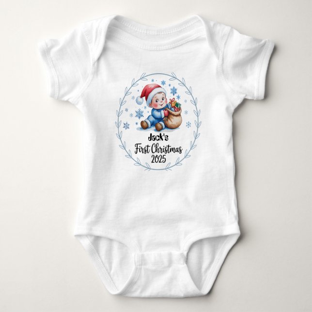 Body Para Bebê T-Shirt0Personalised Baby's First Xmas 2025-Boy (Frente)