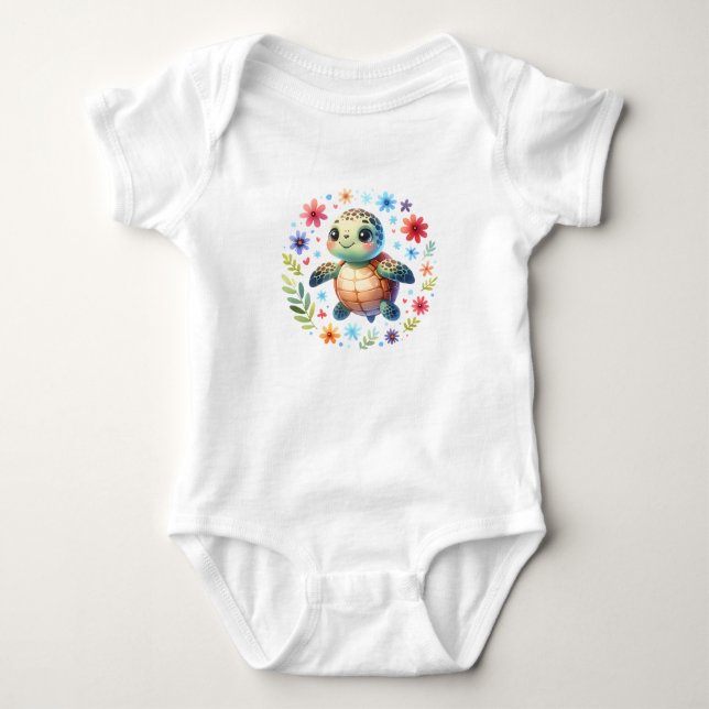 Body Para Bebê Tartaruga Marinha Bebê Fofa com Flores | Animal Oc (Frente)