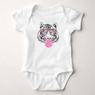 Body Para Bebê Tigre com chiclete rosa e óculos de sol rosa