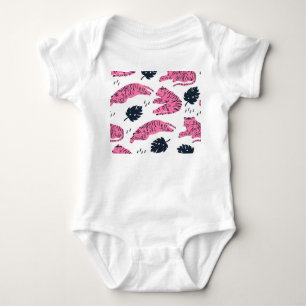 Body Para Bebê Tigre Rosa Tropical: Desenho De Mão Vintage.