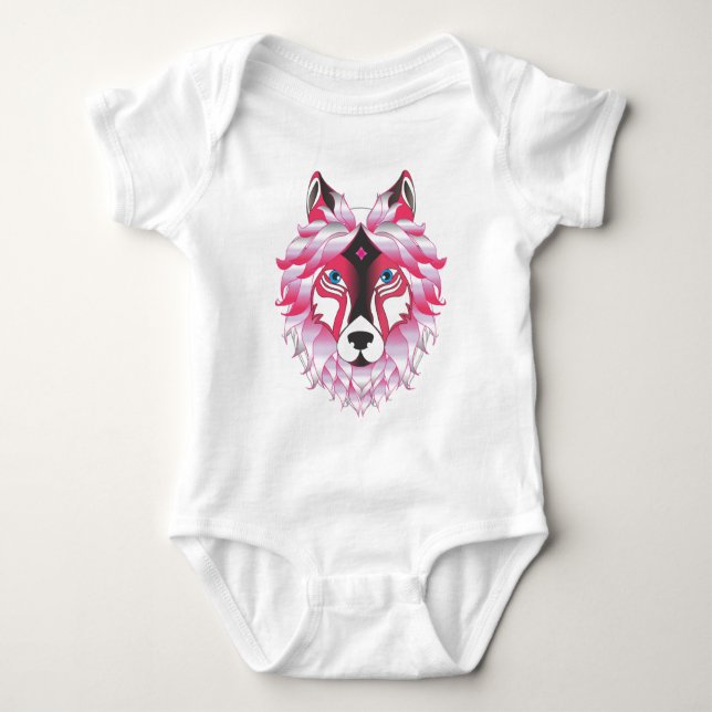 Body Para Bebê Trabalho de arte Pink Wolf Head (Frente)