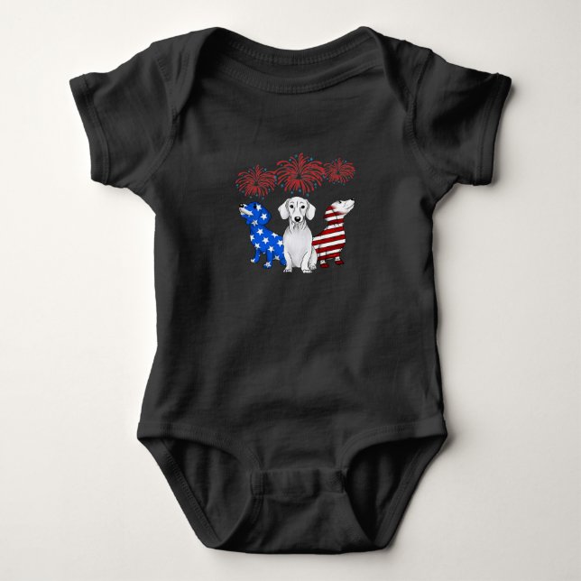 Body Para Bebê Três Dachshols American Flag Cor 4 De Julho (Frente)