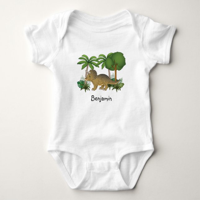 Body Para Bebê Triceratops Dinossauro Feliz Com Árvores E Plantas (Frente)