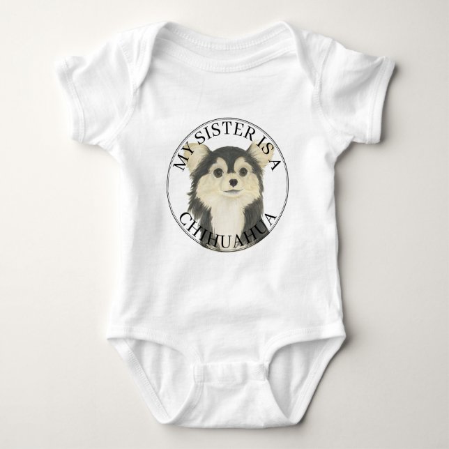 Body Para Bebê Tricolor Long Haired Chihuahua Big Sister (Frente)