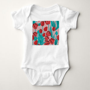 Body Para Bebê tulipas de primavera, padrão floral desenhado à mã