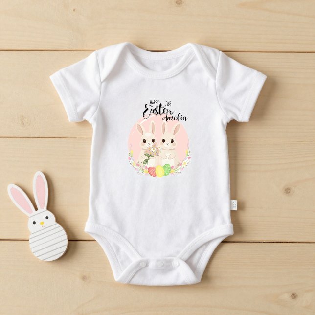 Body Para Bebê Two Easter Bunnies Personalized Baby Bodysuit (Criador carregado)