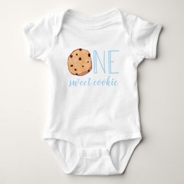 Body Para Bebê Um doce Cookie azul de primeiro aniversário Bebê B (Frente)