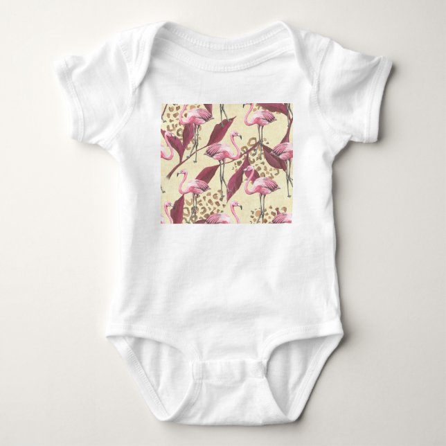 Body Para Bebê Um flamingo rosa tropical, padrão-leopardo. (Frente)