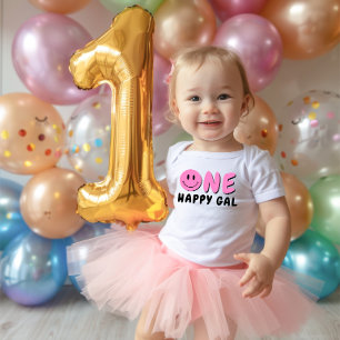 Body Para Bebê Um primeiro aniversario Gal Feliz, Rosa Smiley