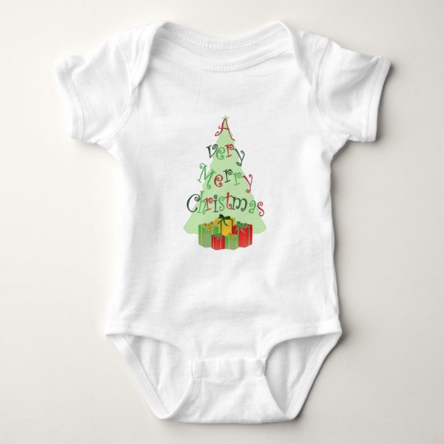 Body Para Bebê Um texto de Natal muito feliz com Tree e Presentes (Frente)