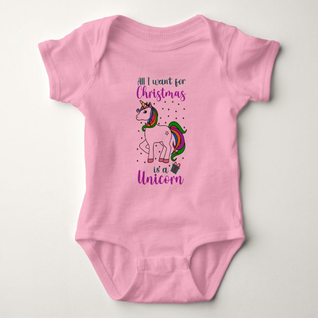 Body Para Bebê Unicórnio de Natal Arco-íris Mágico Verde Roxo  (Frente)