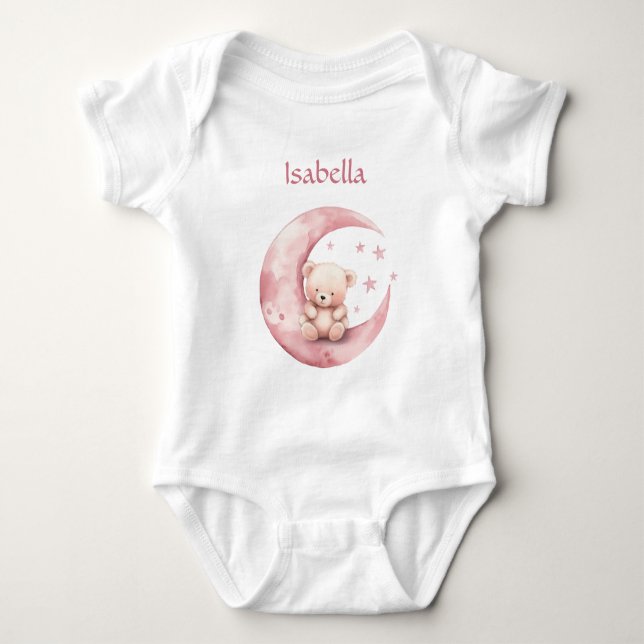 Body Para Bebê Ursa de pelúcia fofa na Lua Rosa (Frente)