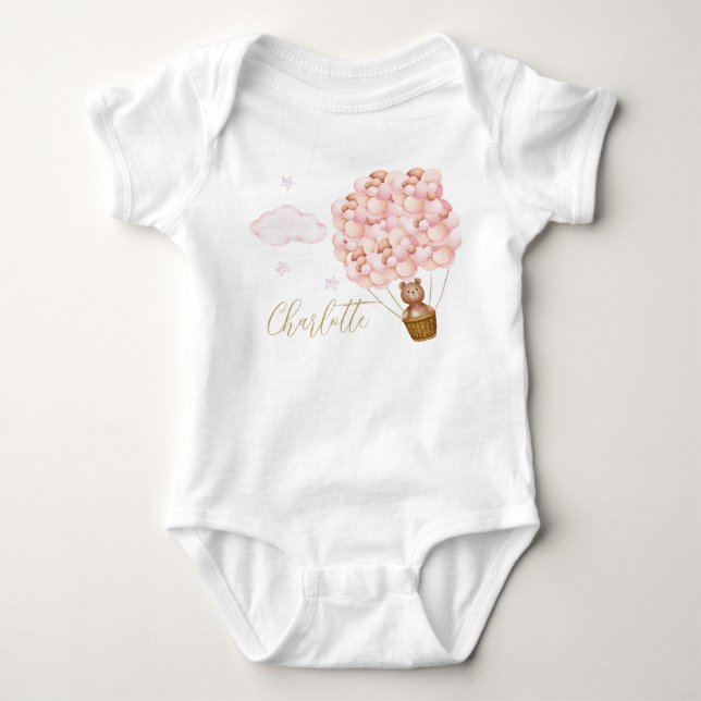 Body Para Bebê Ursinho Balões Rosa Letra Dourada (Frente)