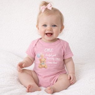 Body Para Bebê Ursinho de Aquarela Rosa Aniversário de 1 ano da M