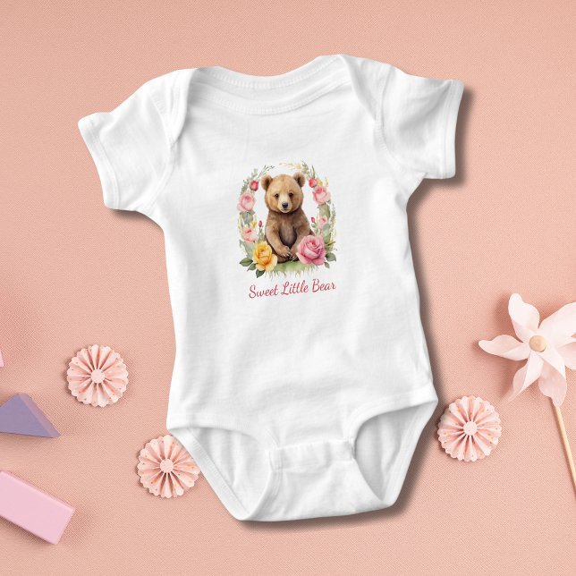 Body Para Bebê Ursinho Personalizado Presente Flores Amarelas e R (Personalized Baby Bear Pink Yellow Roses Flowers Baby Girl Gift Baby Shower gift)