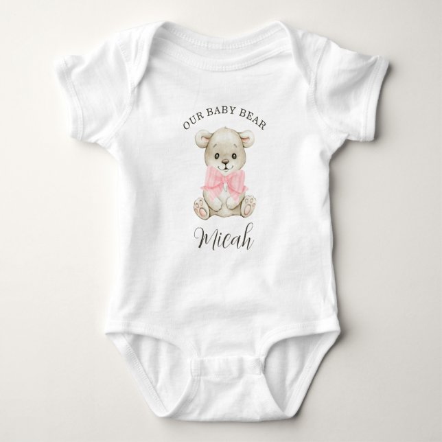 Body Para Bebê Urso Bebê de Arco Rosa em Aquarela Fofa (Frente)