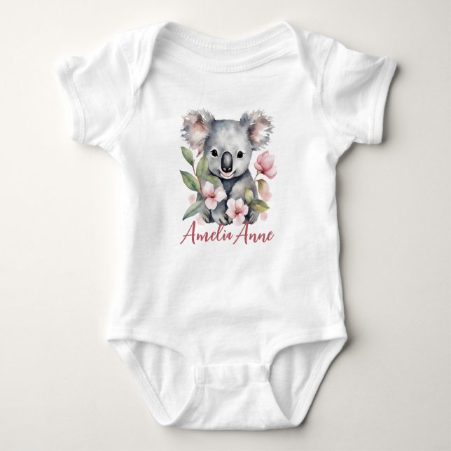 Body Para Bebê Urso Coala Aquarela com Nome Personalizado (Frente)