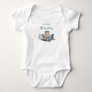 Body Para Bebê Urso de aviação fofo azul avião vintage aniversári